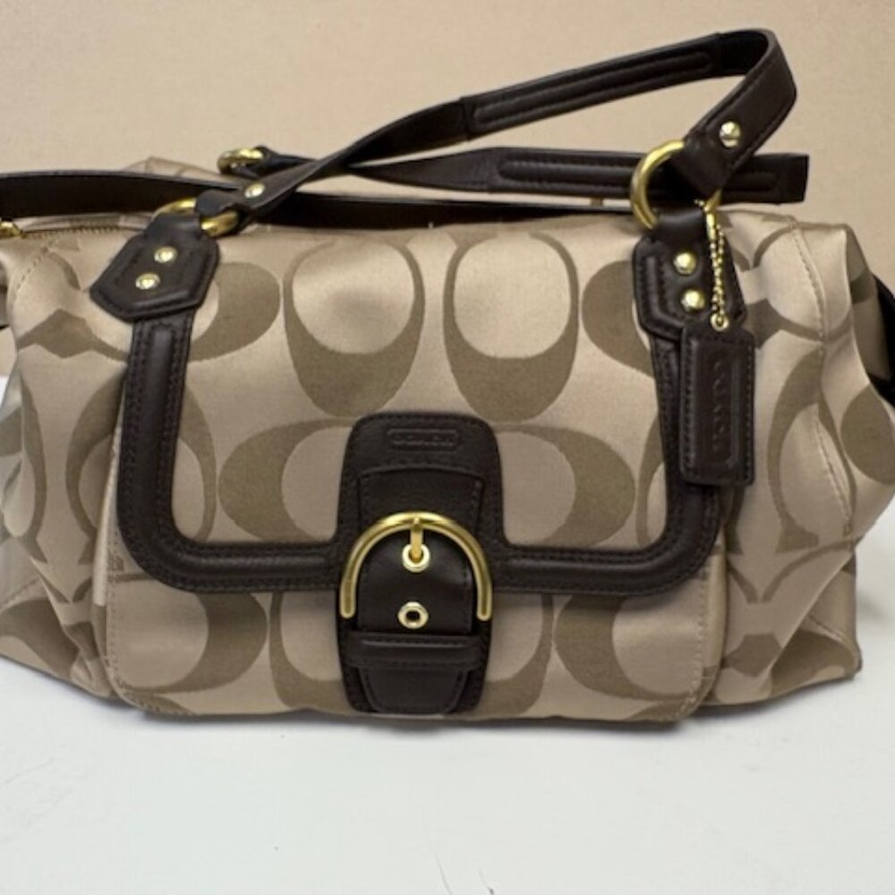 COACH CAMPBELL SIGNATURE C Light Brown W/LEATHER TRIM HANDBAG J1305-F25292